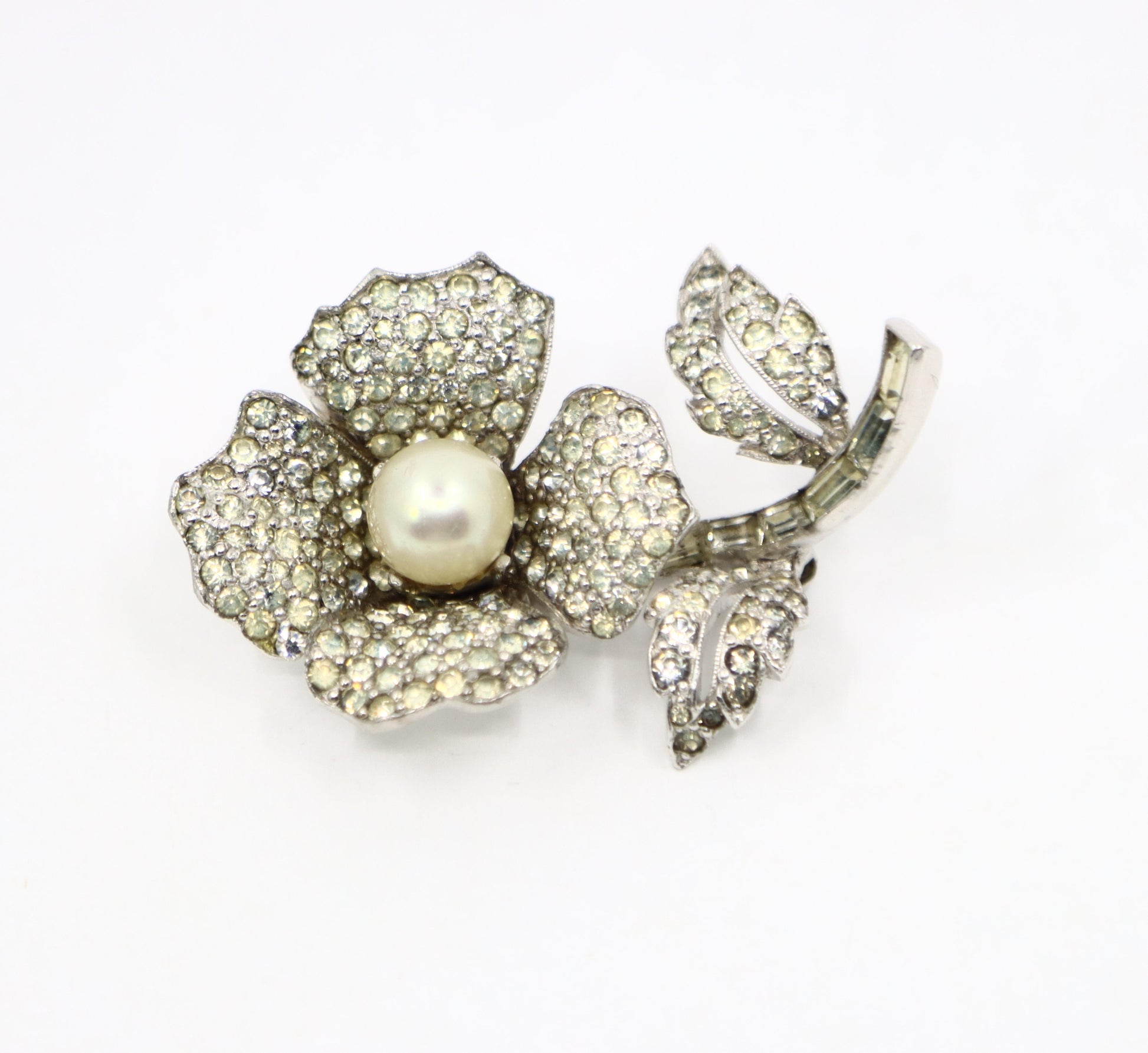 Vintage Jomaz Silver Tone Rhinestone Faux Pearl Brooch