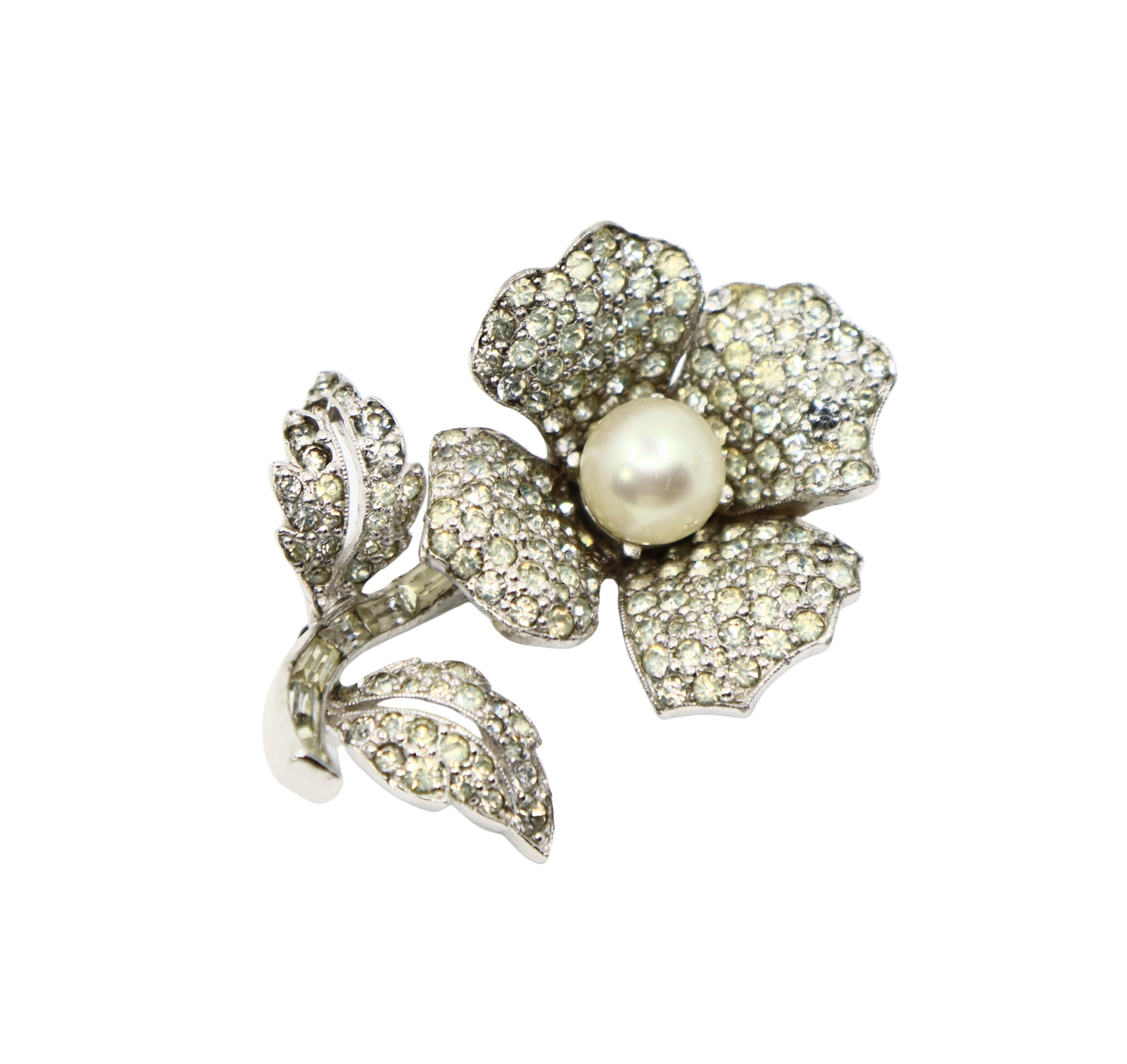 Vintage Jomaz Silver Tone Rhinestone Faux Pearl Brooch