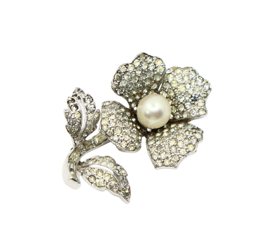 Vintage Jomaz Silver Tone Rhinestone Faux Pearl Brooch