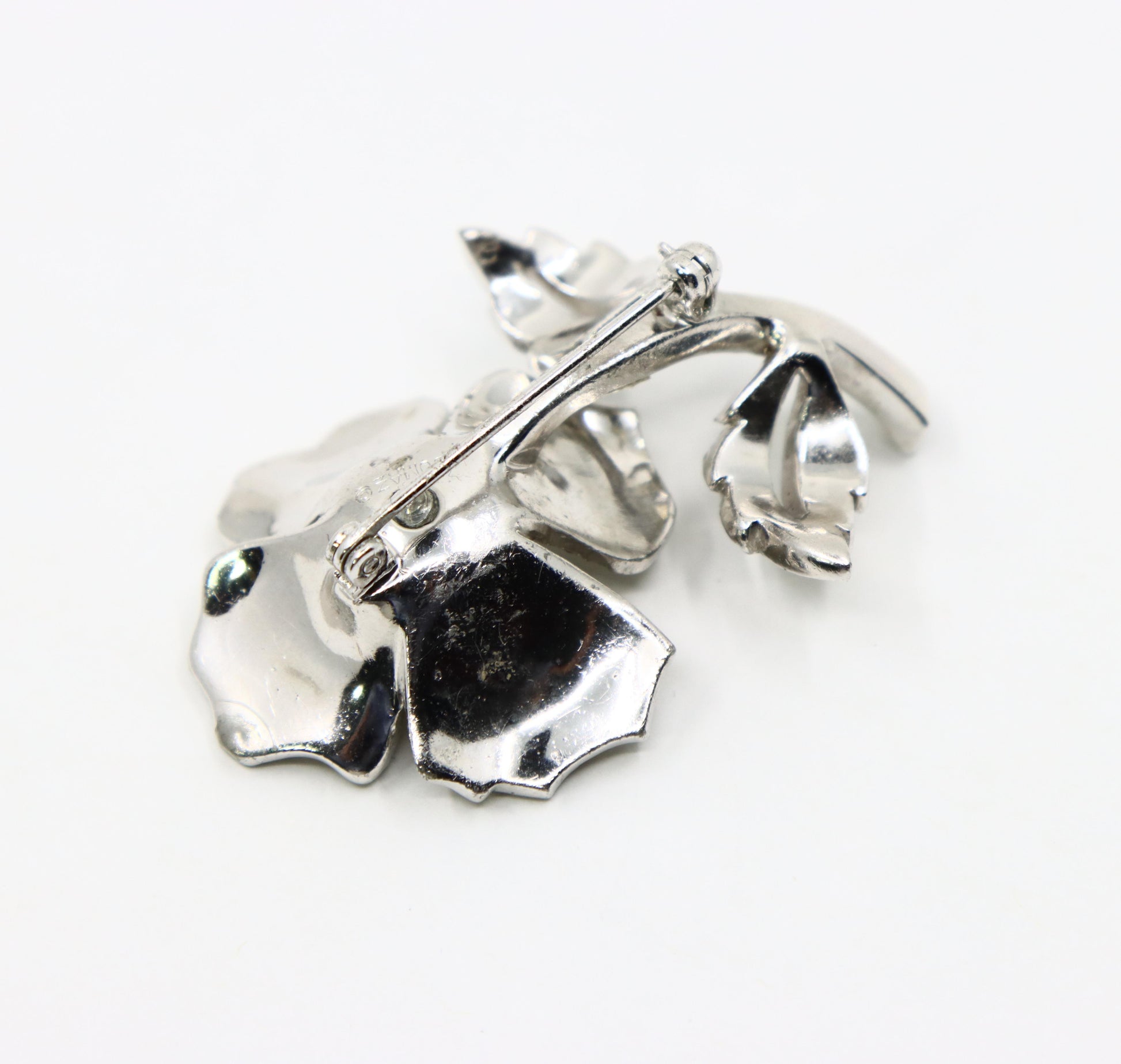 Vintage Jomaz Silver Tone Rhinestone Faux Pearl Brooch