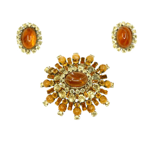 Vintage Schreiner Gold Tone Brown & Yellow Rhinestone Earrings & Brooch Set