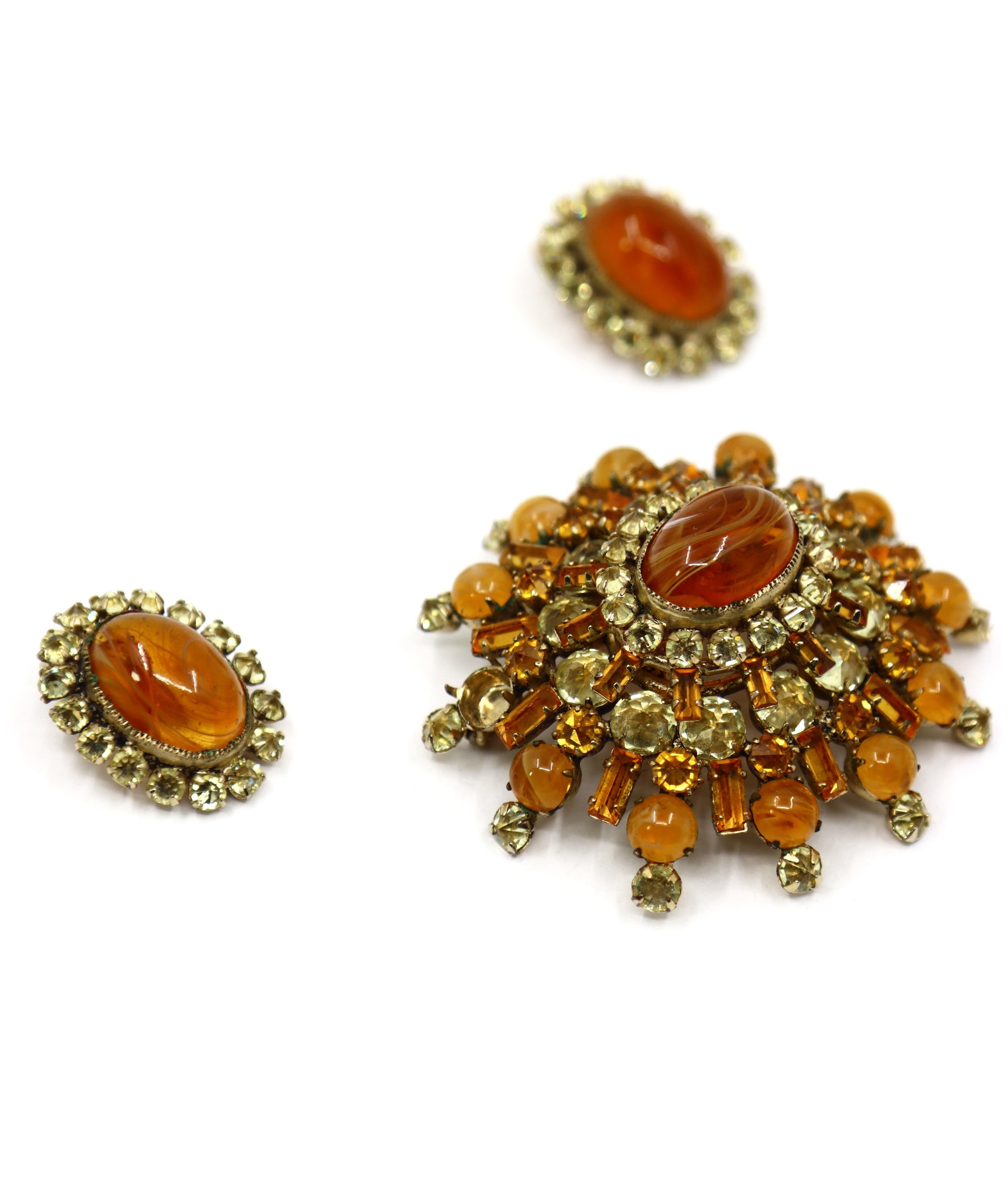 Vintage Schreiner Gold Tone Brown & Yellow Rhinestone Earrings & Brooch Set
