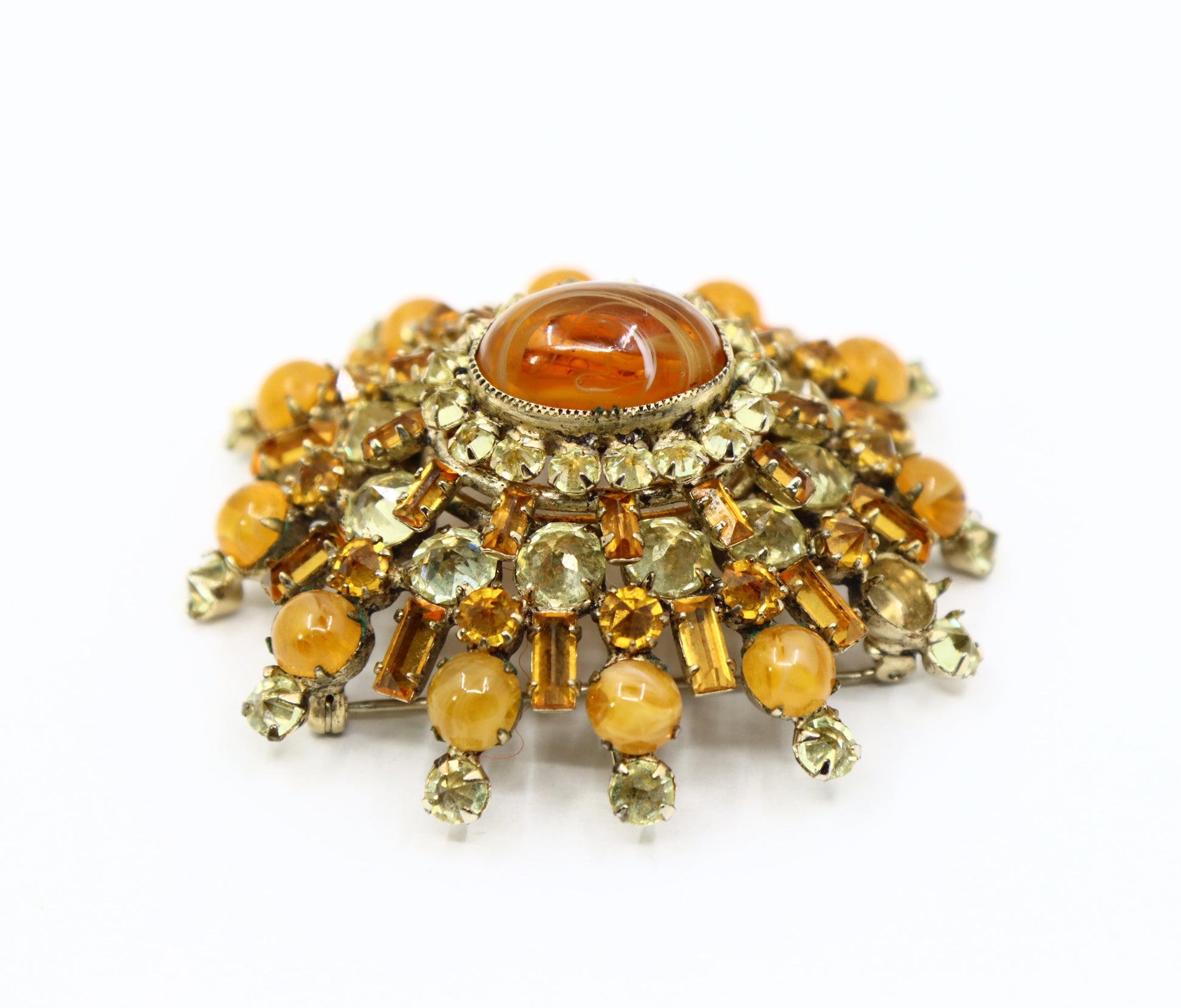 Vintage Schreiner Gold Tone Brown & Yellow Rhinestone Earrings & Brooch Set