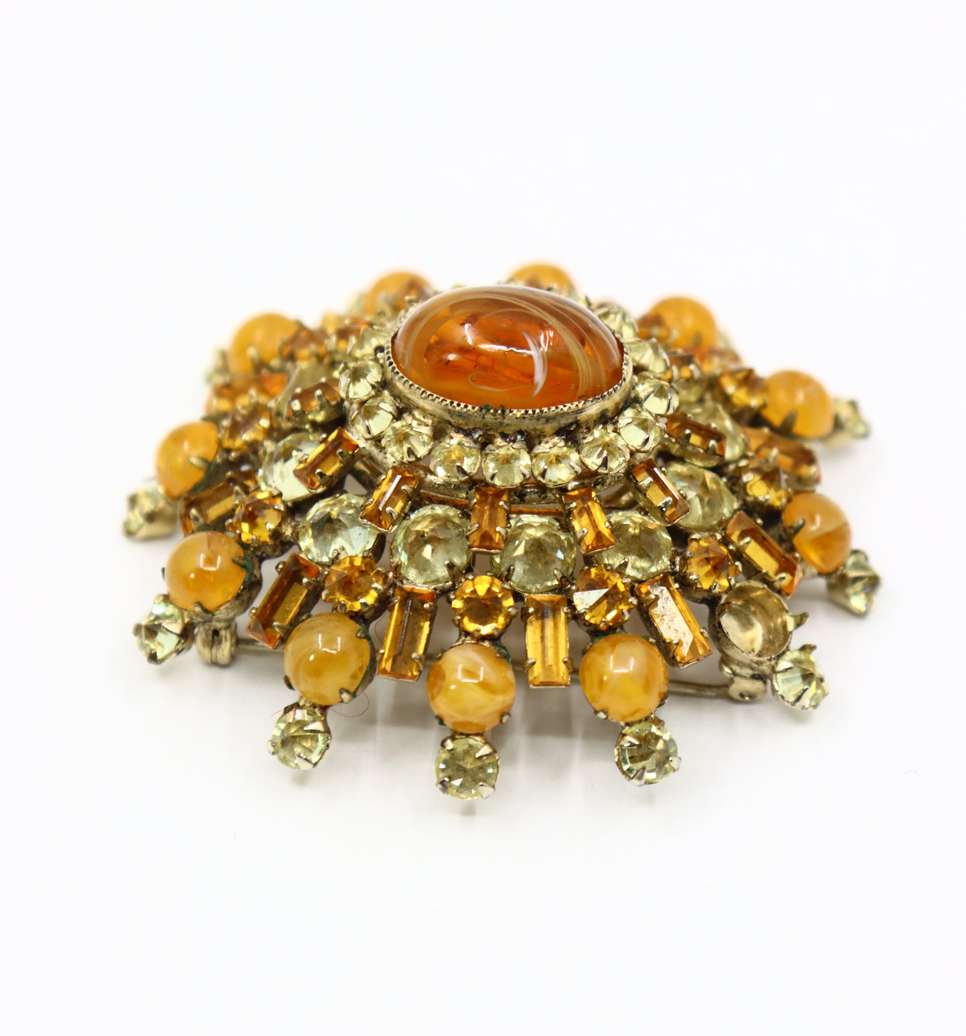 Vintage Schreiner Gold Tone Brown & Yellow Rhinestone Earrings & Brooch Set