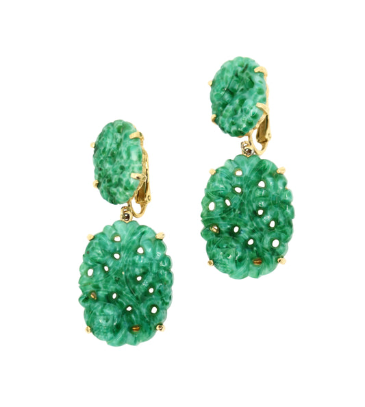Vintage Marvel Gold Tone Engraved Faux Jade Earrings
