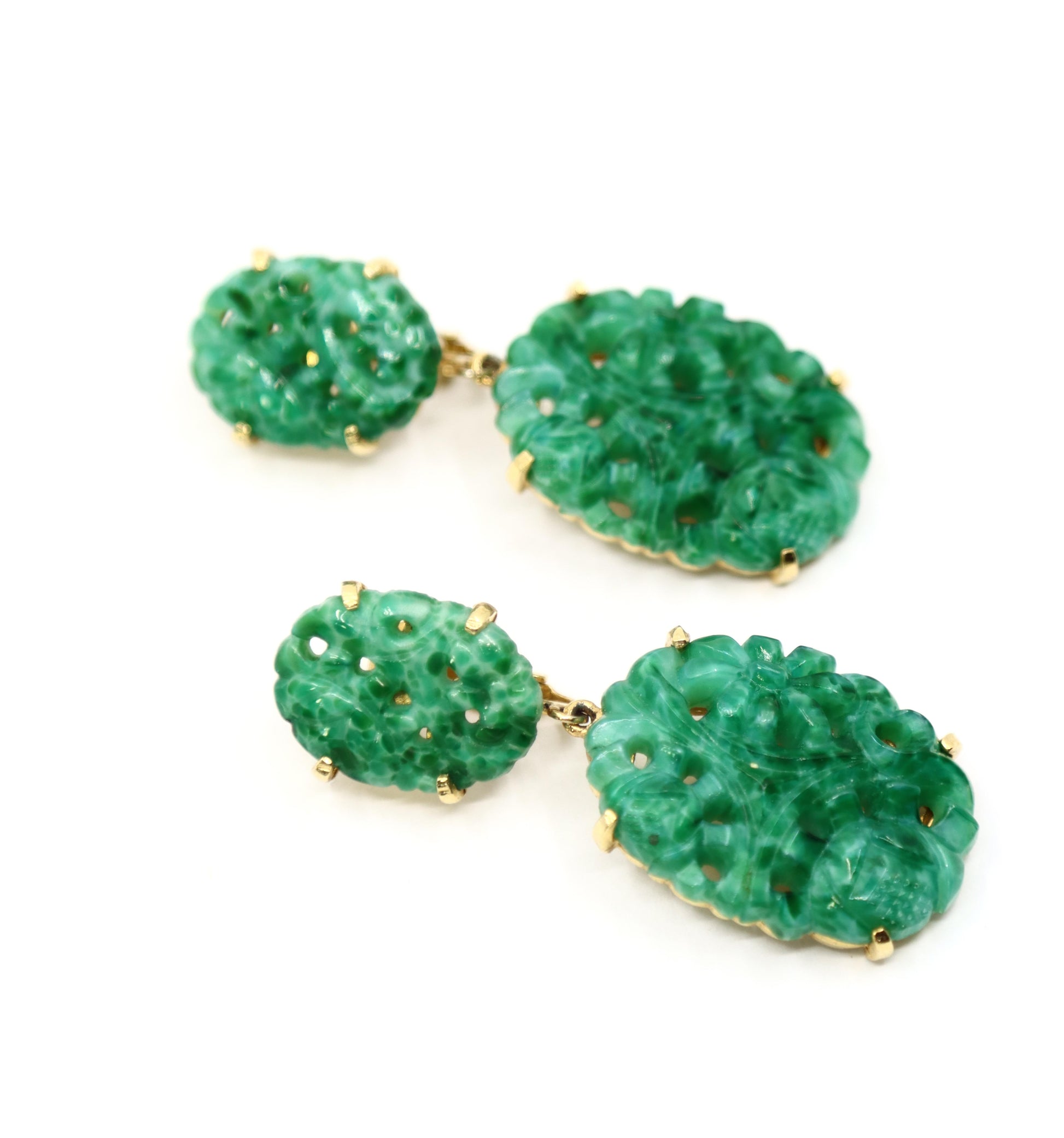 Vintage Marvel Gold Tone Engraved Faux Jade Earrings
