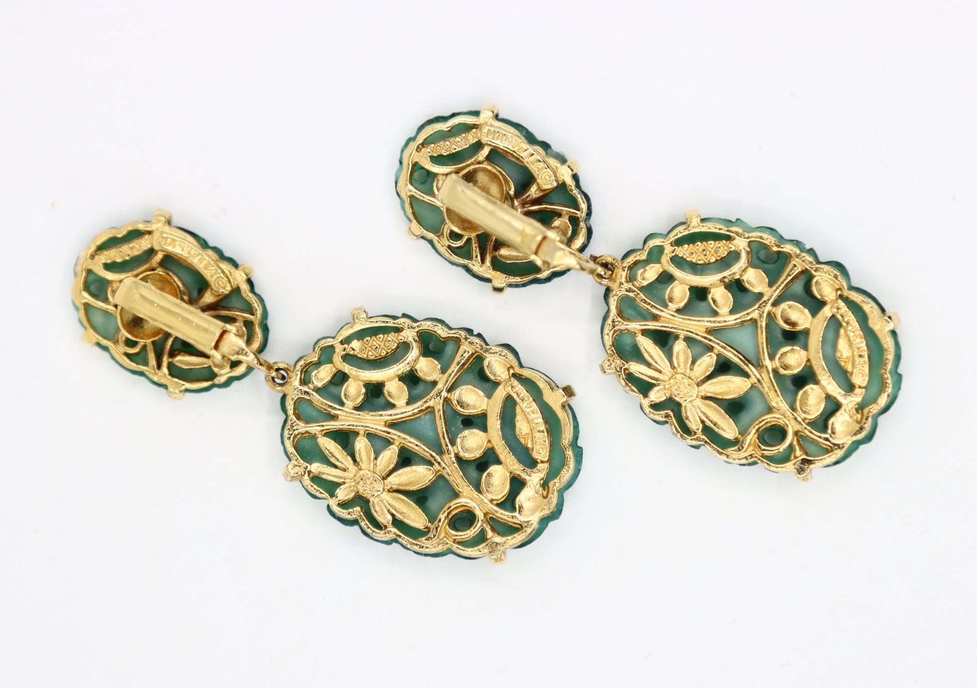 Vintage Marvel Gold Tone Engraved Faux Jade Earrings