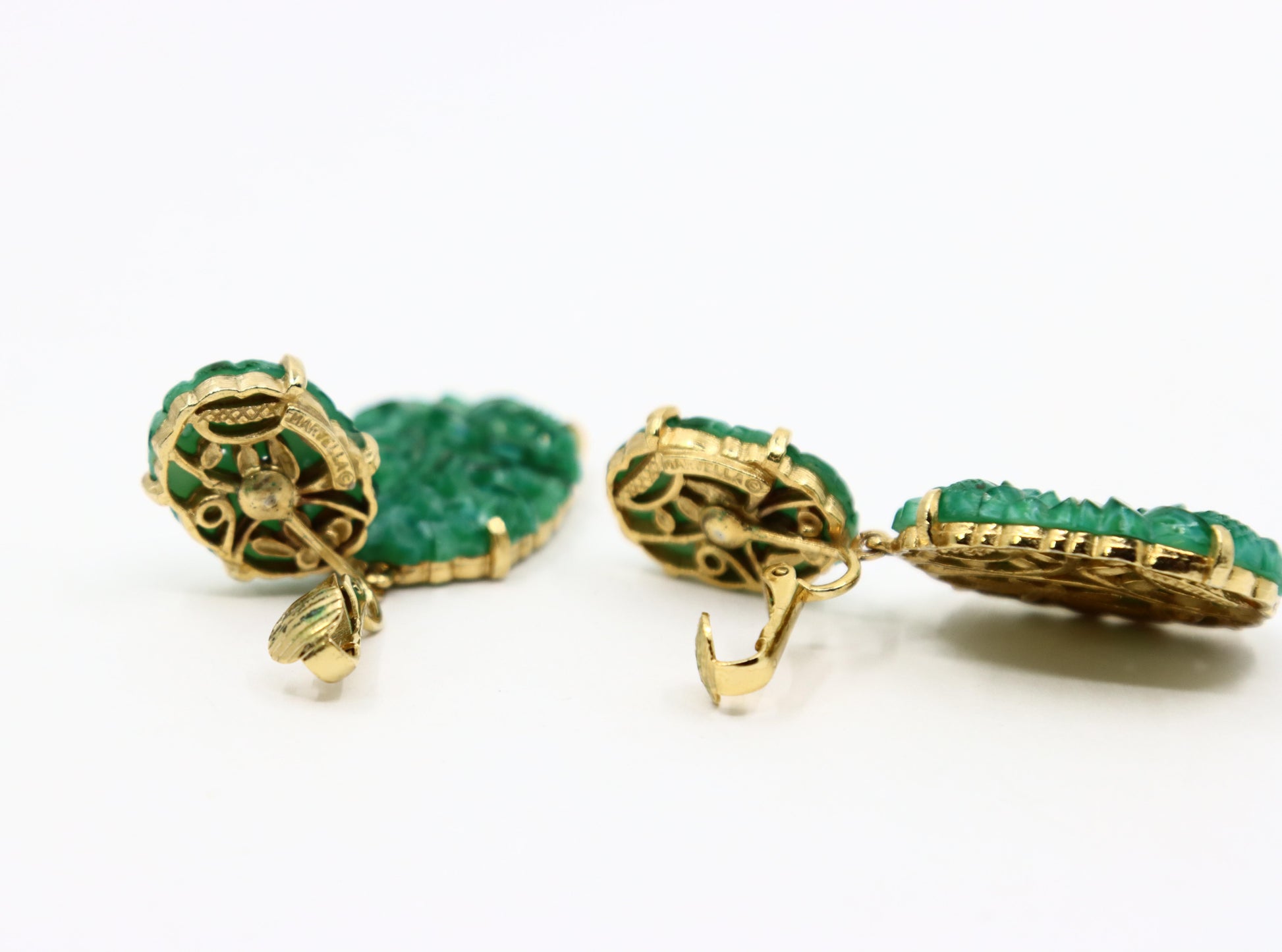 Vintage Marvel Gold Tone Engraved Faux Jade Earrings