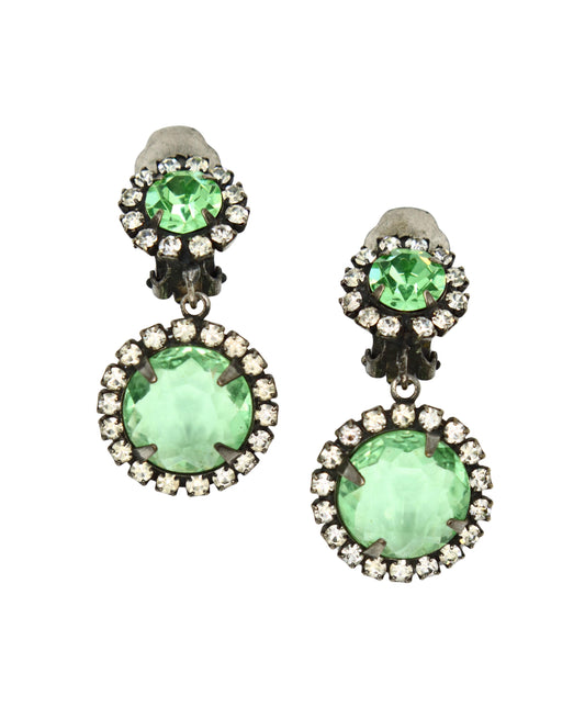 Vintage K.J.L Silver Tone Rhinestone Green Crystal Earrings