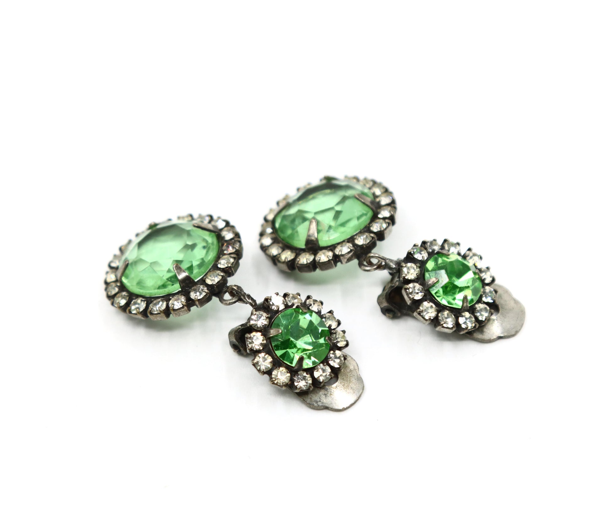 Vintage K.J.L Silver Tone Rhinestone Green Crystal Earrings