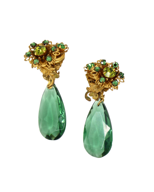 Vintage Miriam Haskell Gold Tone Rhinestone Green Crystal Earrings