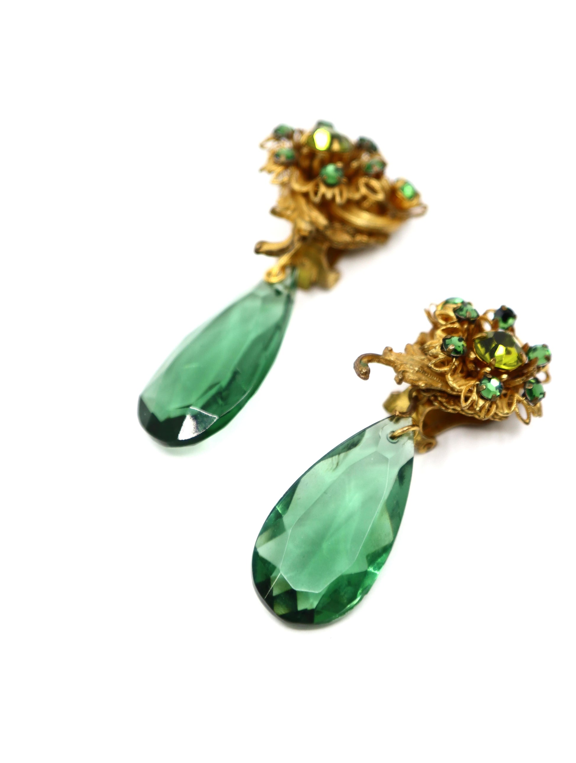 Vintage Miriam Haskell Gold Tone Rhinestone Green Crystal Earrings