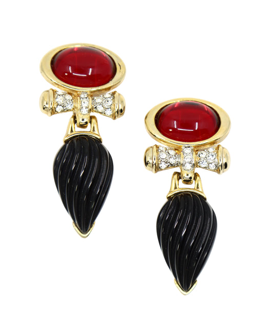 Vintage Craft Gold Tone Rhinestone Red & Blue Crystal Earrings