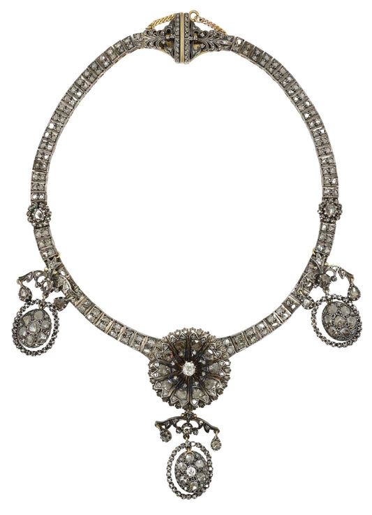 Antique Early Victorian 14K Yellow Gold & Silver Diamond Necklace