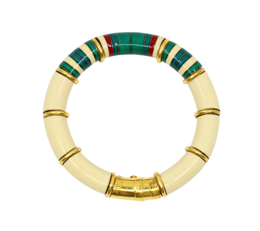 Vintage La Nouvelle Bague 18K Gold & Silver Green White Enamel Bracelet