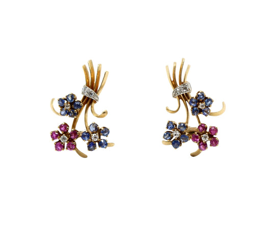 Retro 14K Gold Sapphire Diamond Flower Bouquet Earrings