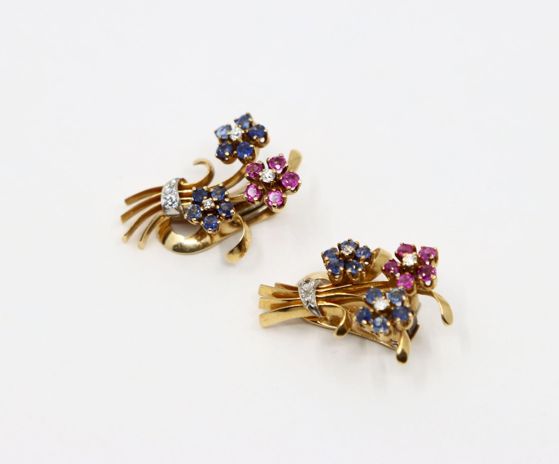 Retro 14K Gold Sapphire Diamond Flower Bouquet Earrings