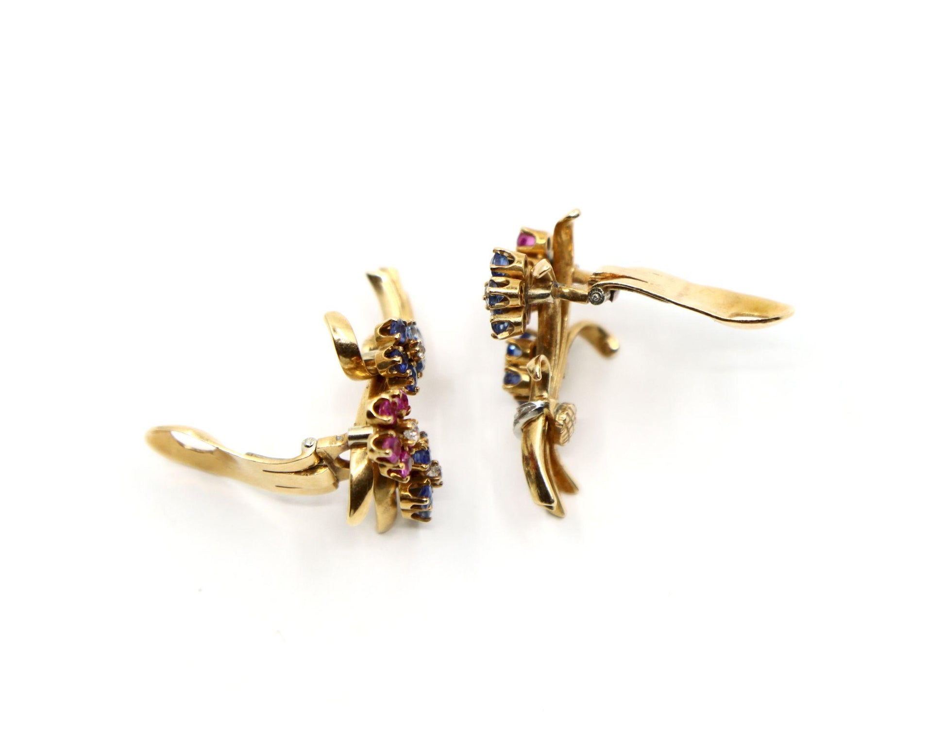 Retro 14K Gold Sapphire Diamond Flower Bouquet Earrings