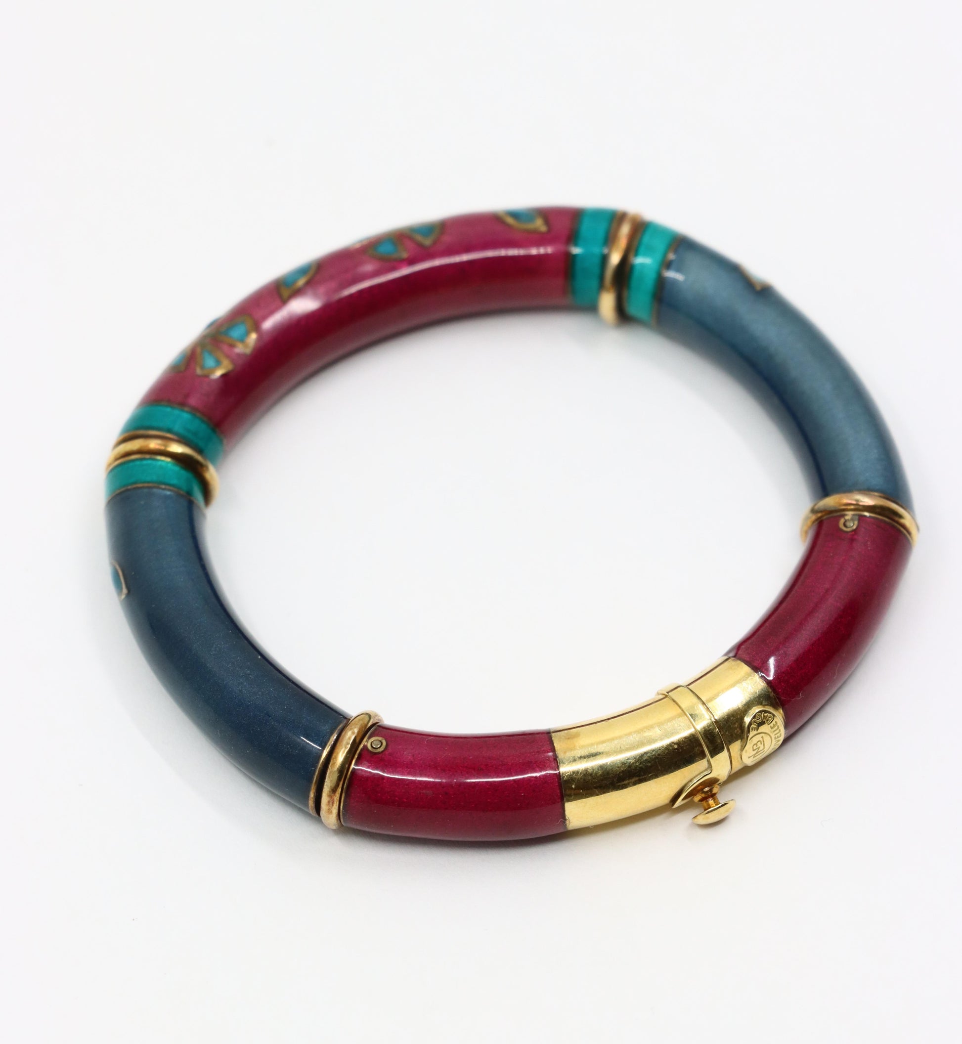 Vintage La Nouvelle Bague 18K Gold Red Green Enamel Bracelet
