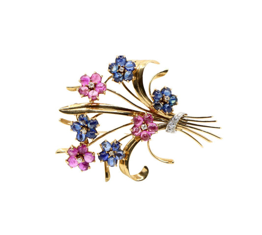 Retro 14K Gold Sapphire Diamond Flower Bouquet Brooch