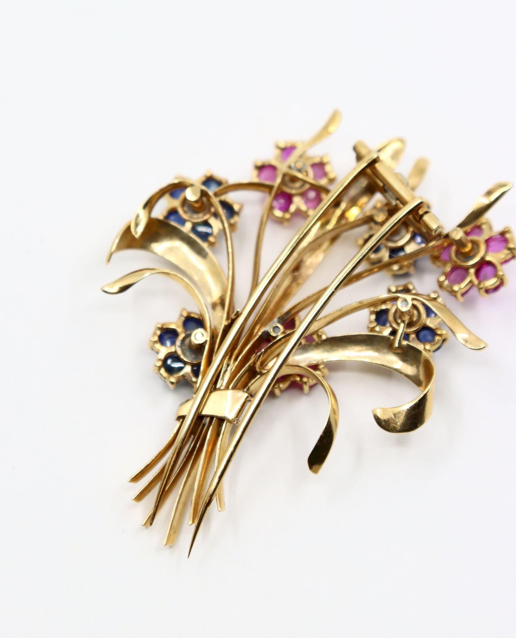 Retro 14K Gold Sapphire Diamond Flower Bouquet Brooch