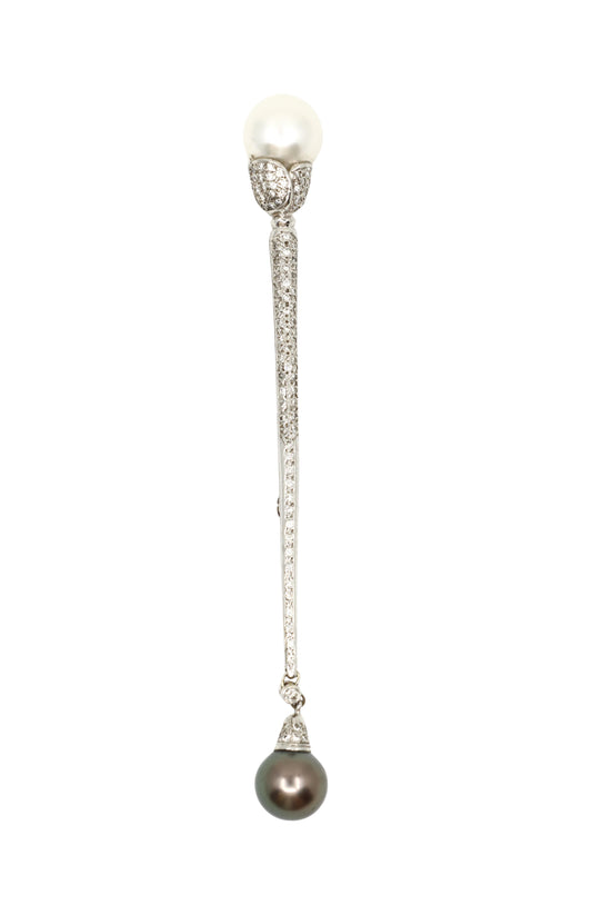 Vintage 18K White Gold Black & White Pearl Diamond Brooch
