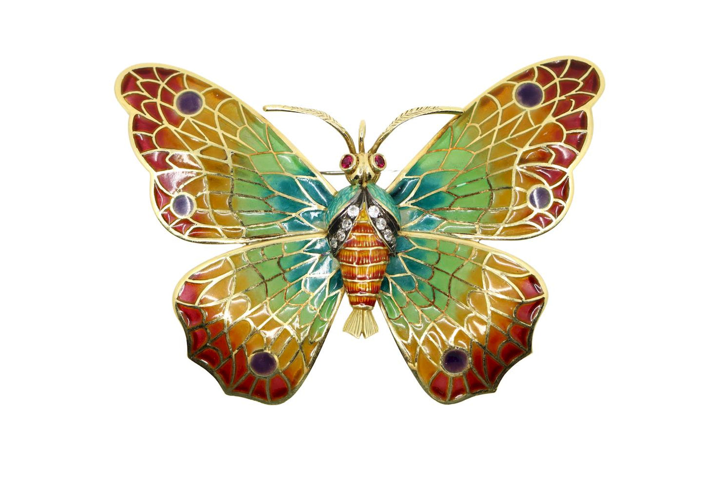 14K Gold Rainbow Enamel Ruby Diamonds Butterfly Brooch