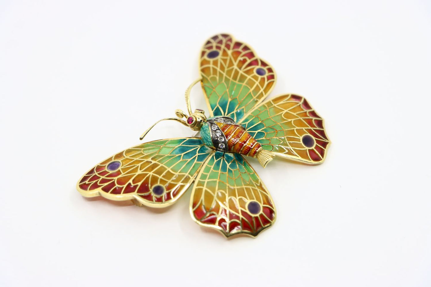 14K Gold Rainbow Enamel Ruby Diamonds Butterfly Brooch