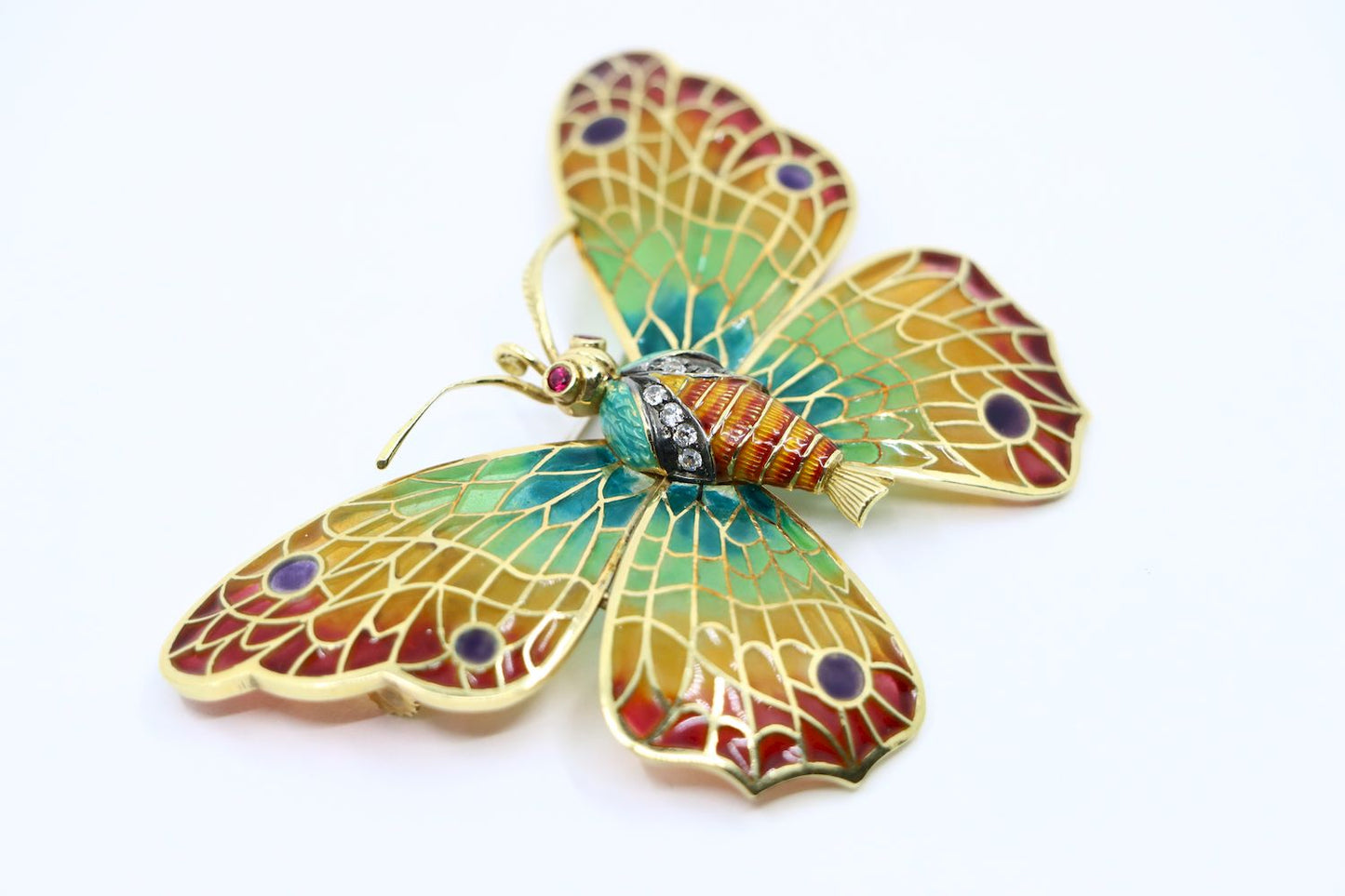 14K Gold Rainbow Enamel Ruby Diamonds Butterfly Brooch