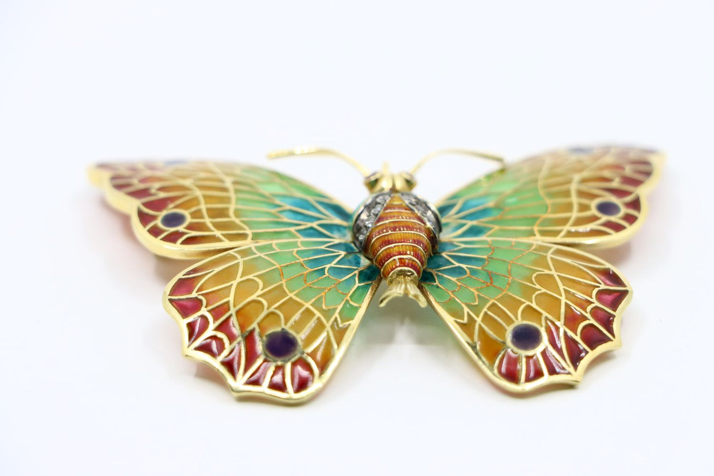 14K Gold Rainbow Enamel Ruby Diamonds Butterfly Brooch