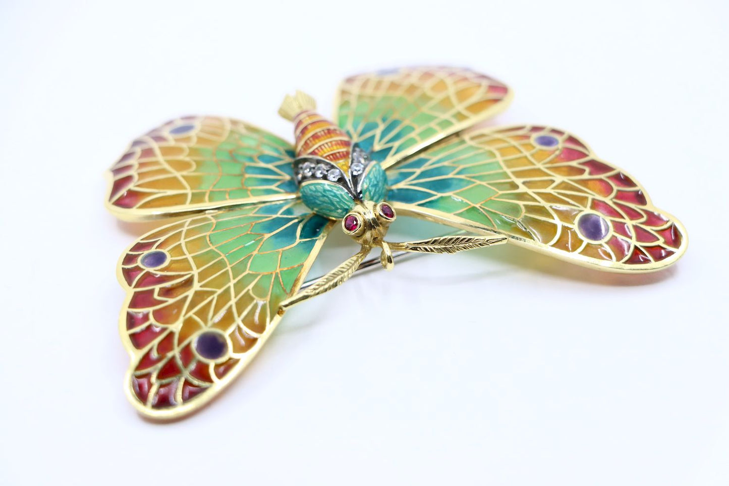 14K Gold Rainbow Enamel Ruby Diamonds Butterfly Brooch