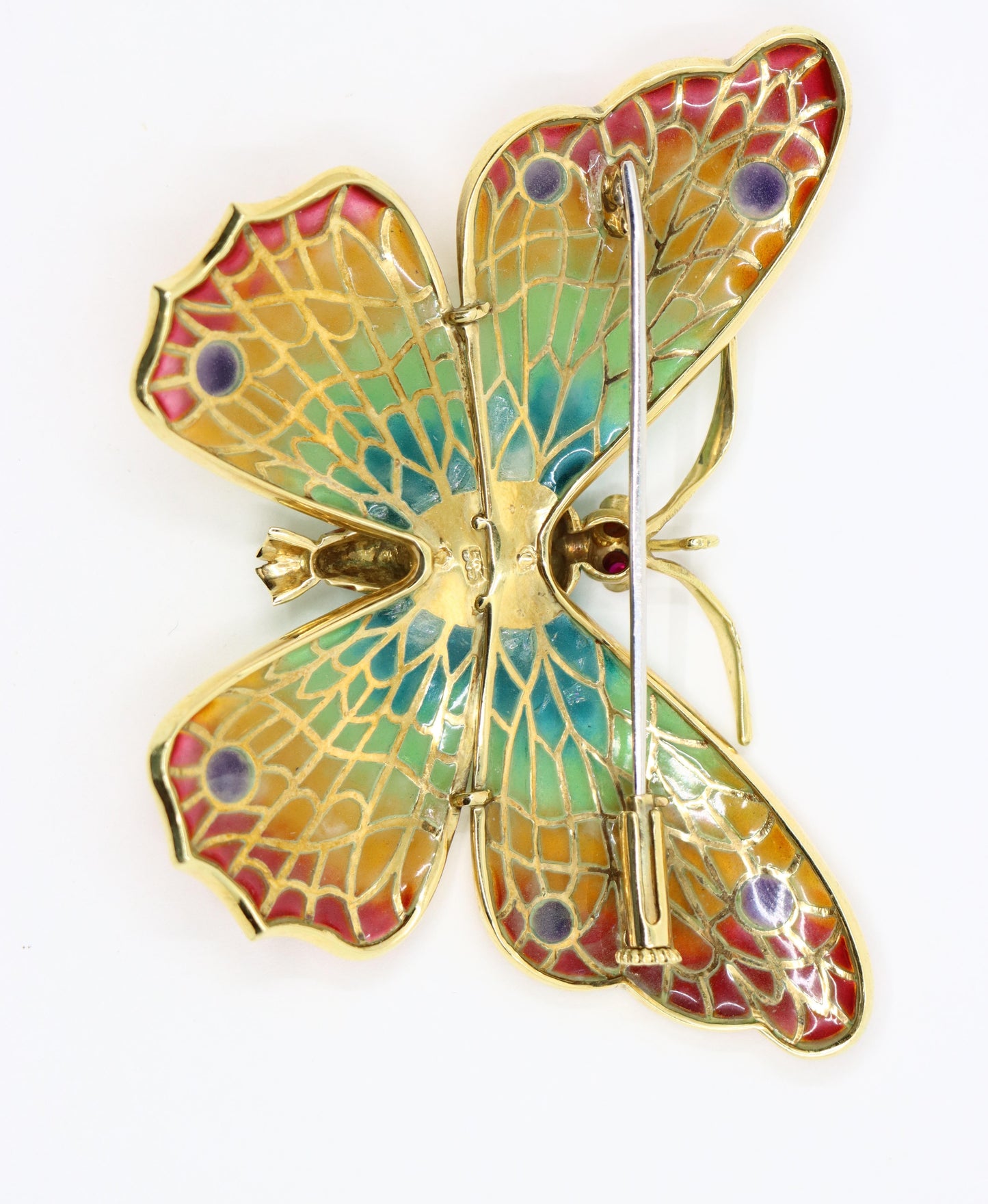 14K Gold Rainbow Enamel Ruby Diamonds Butterfly Brooch