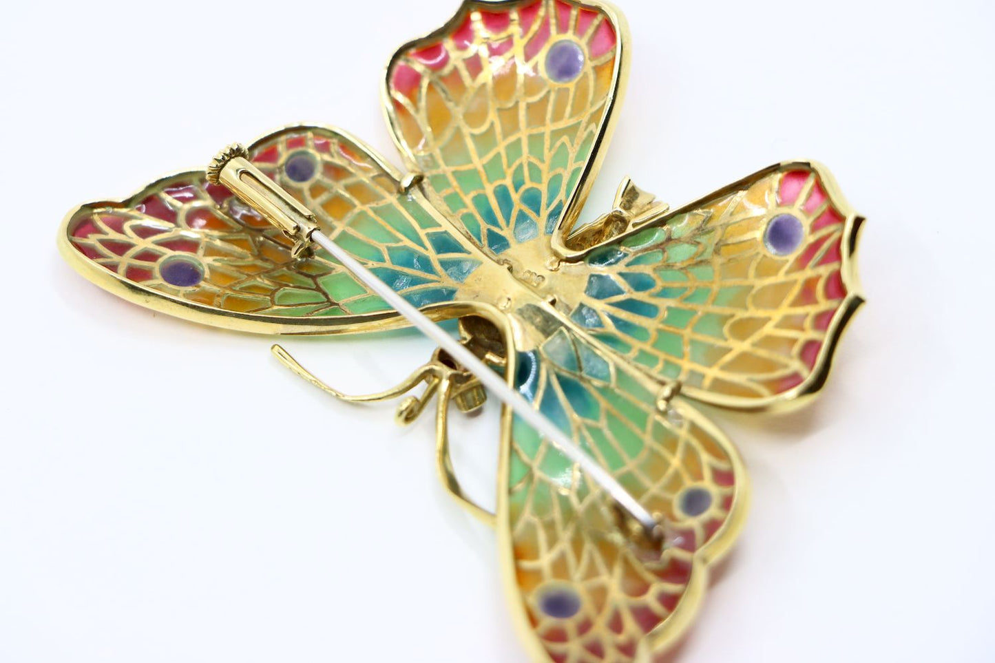 14K Gold Rainbow Enamel Ruby Diamonds Butterfly Brooch