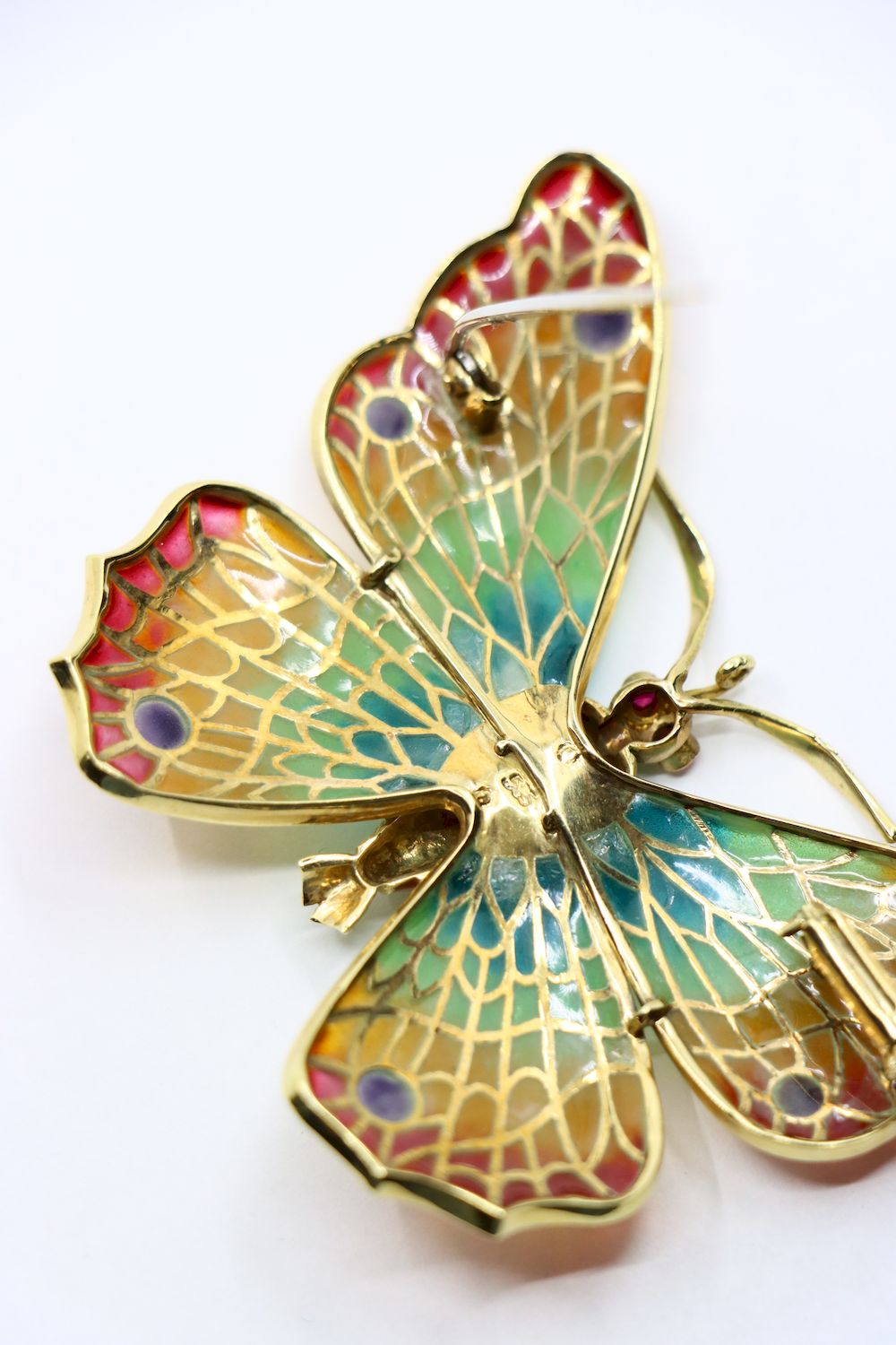 14K Gold Rainbow Enamel Ruby Diamonds Butterfly Brooch