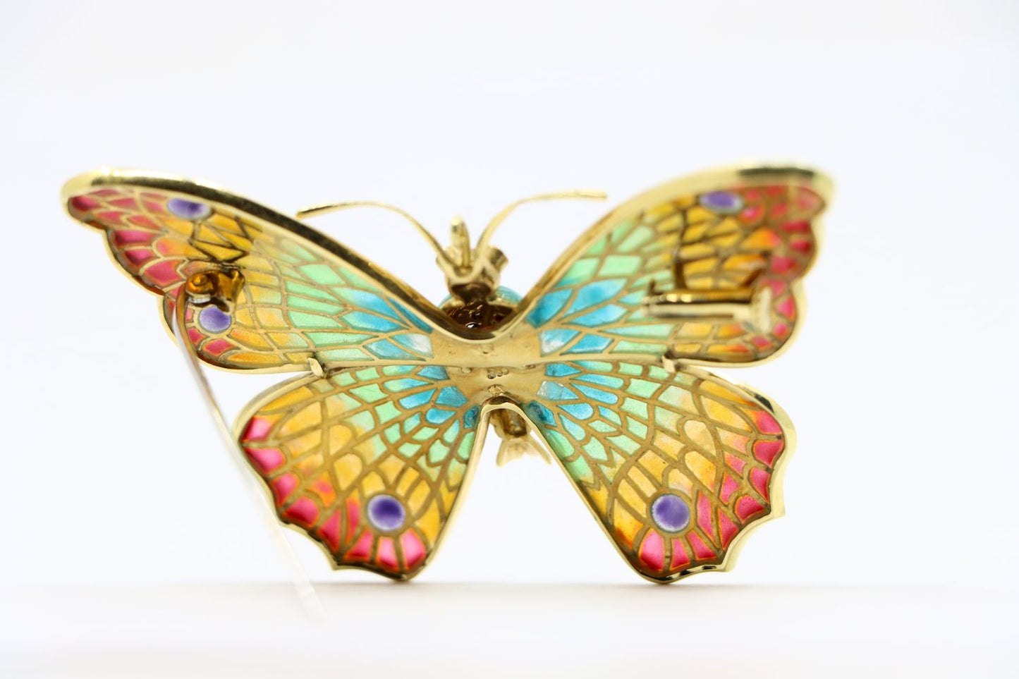 14K Gold Rainbow Enamel Ruby Diamonds Butterfly Brooch