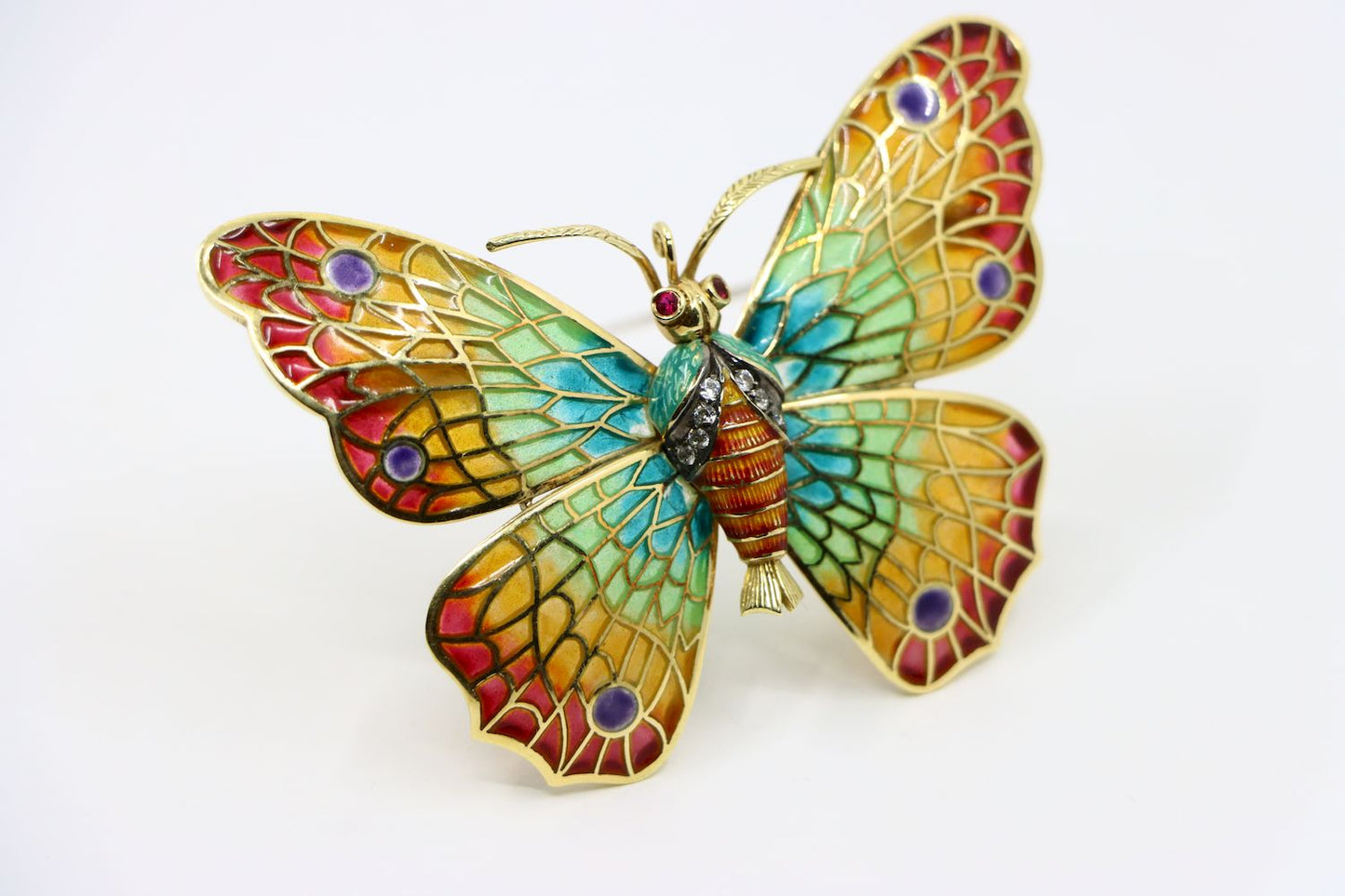 14K Gold Rainbow Enamel Ruby Diamonds Butterfly Brooch