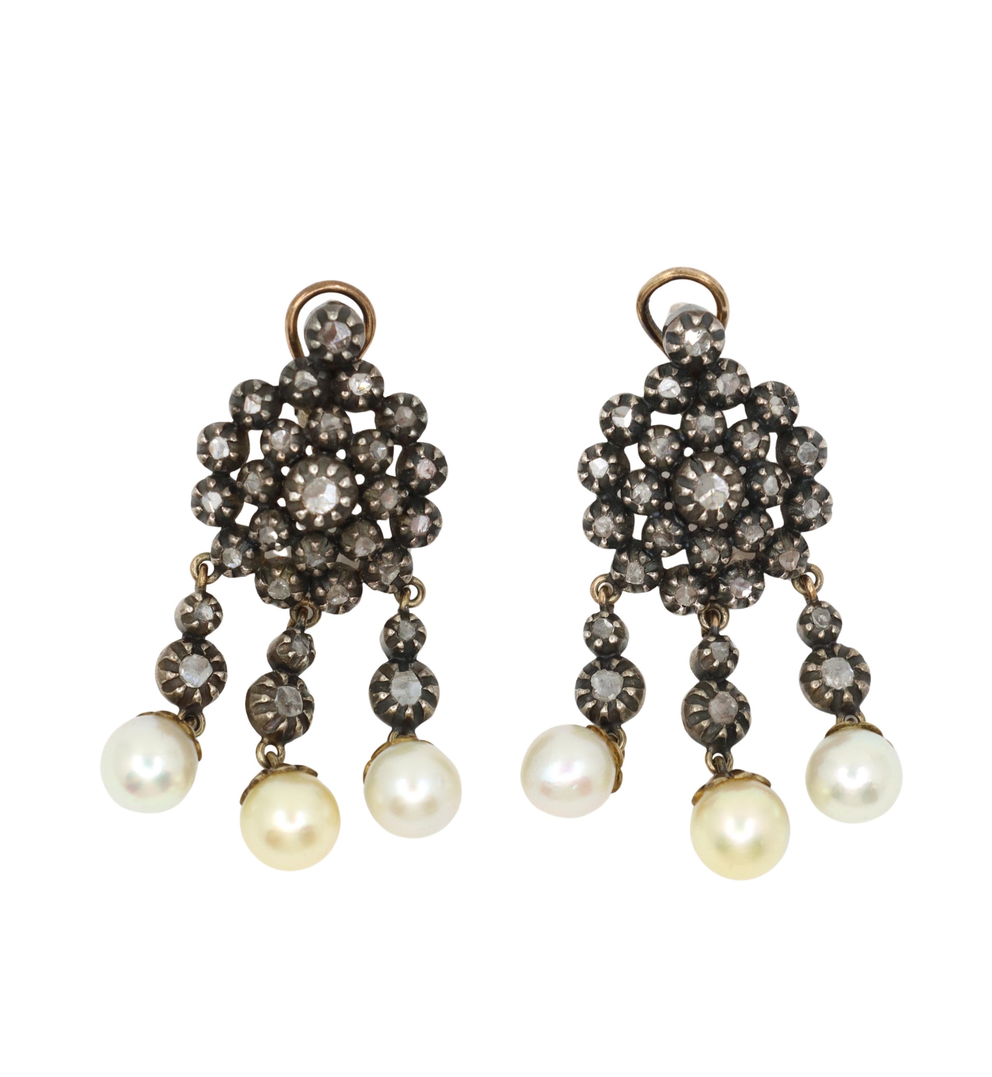 Victorian 14K Gold & Silver Pearl Diamond Drop Earring