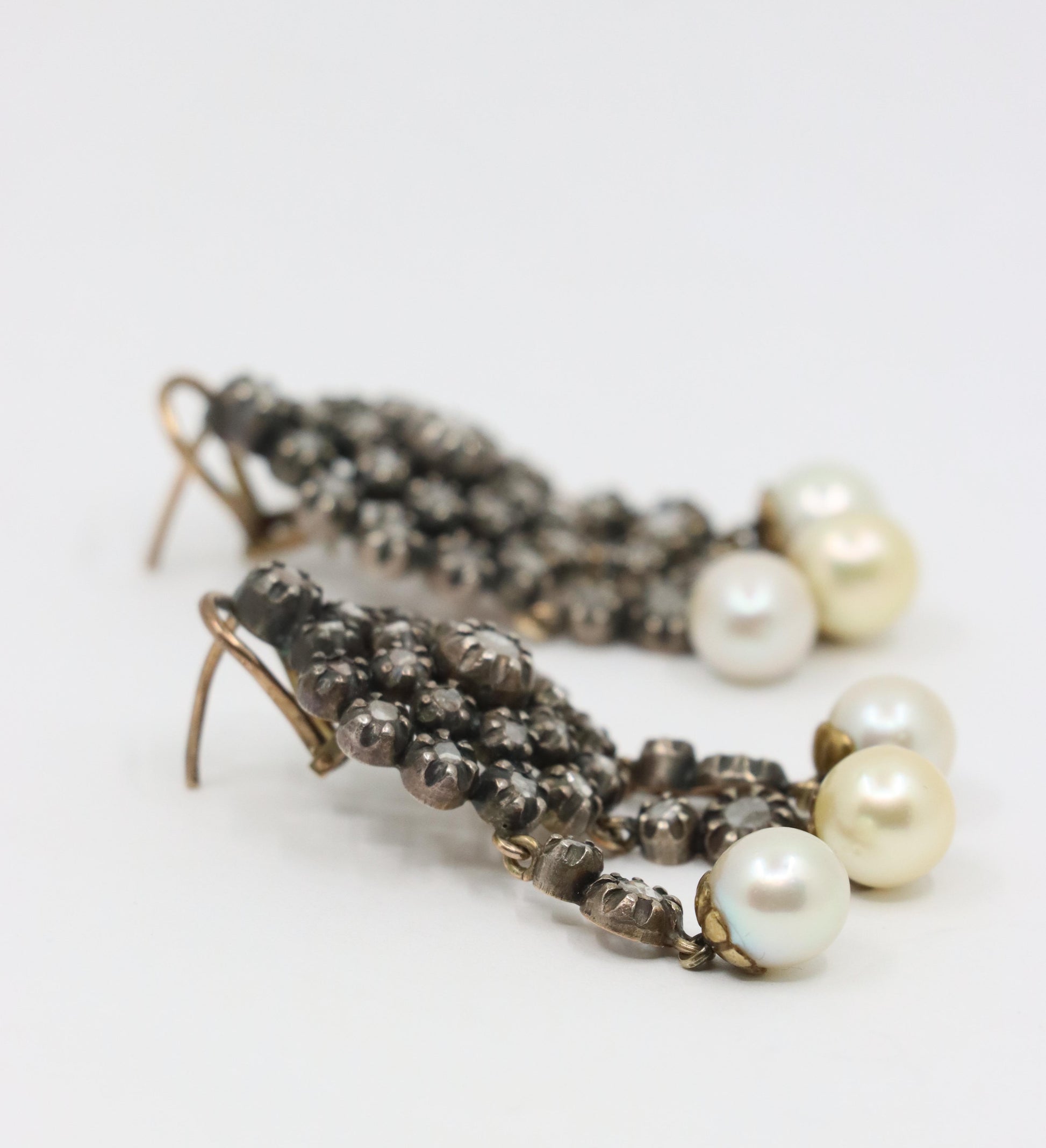 Victorian 14K Gold & Silver Pearl Diamond Drop Earring