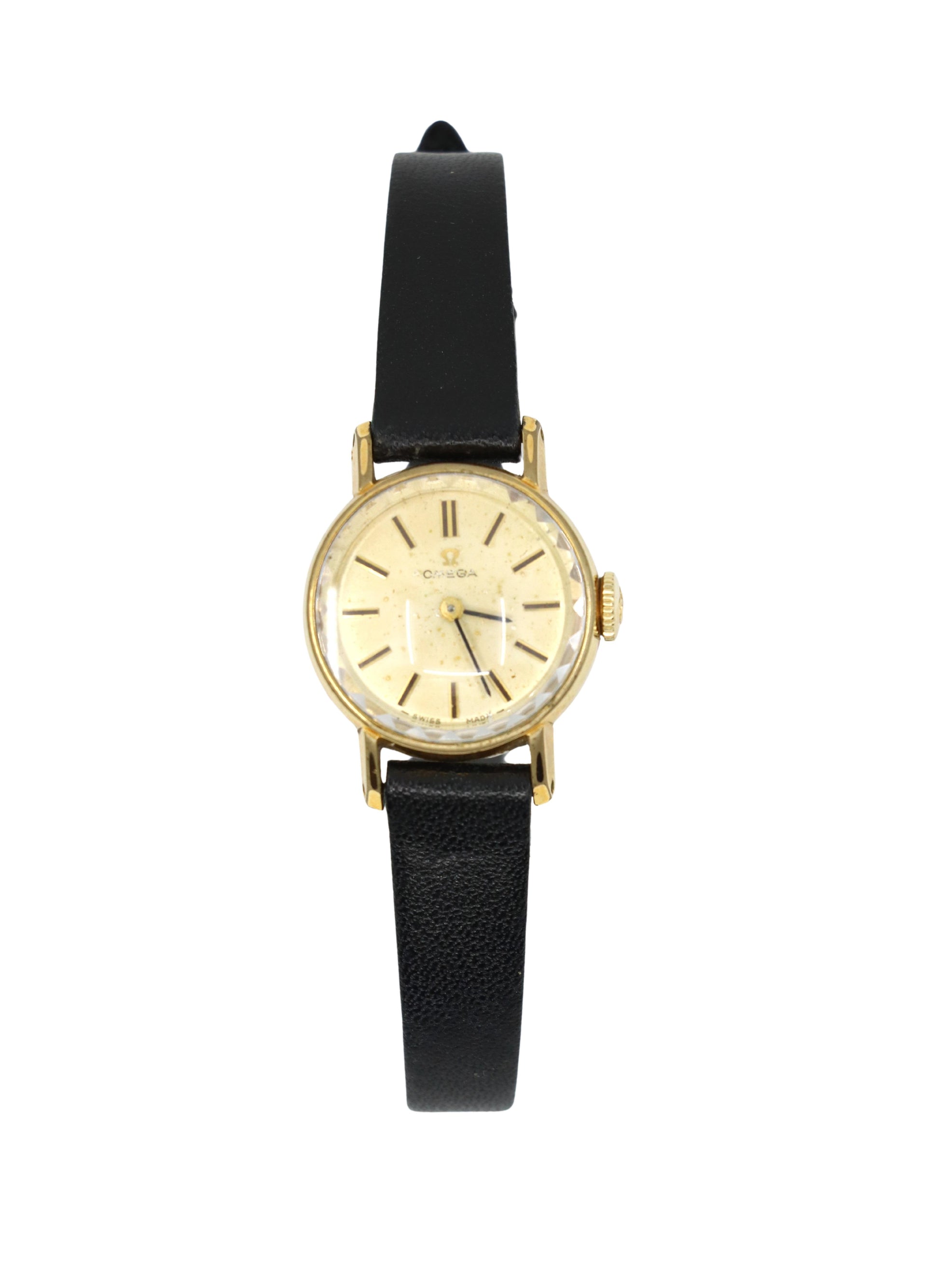 Vintage Omega Gold Tone Black Leather Lady Watch