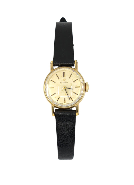 Vintage Omega Gold Tone Black Leather Lady Watch