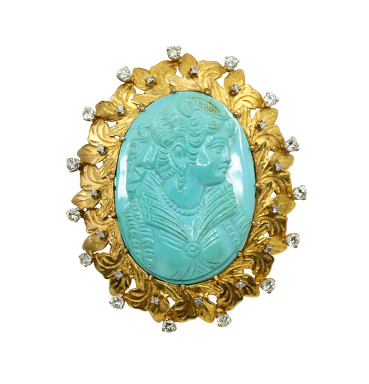 Vintage 14K Gold Diamond Turquoise Cameo Large Brooch