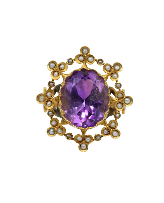 Antique 18K Gold Amethyst Pearl Ring