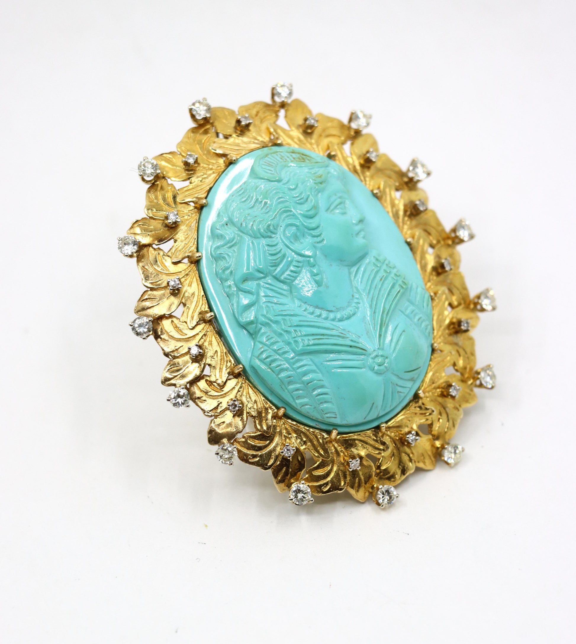 Vintage 14K Gold Diamond Turquoise Cameo Large Brooch