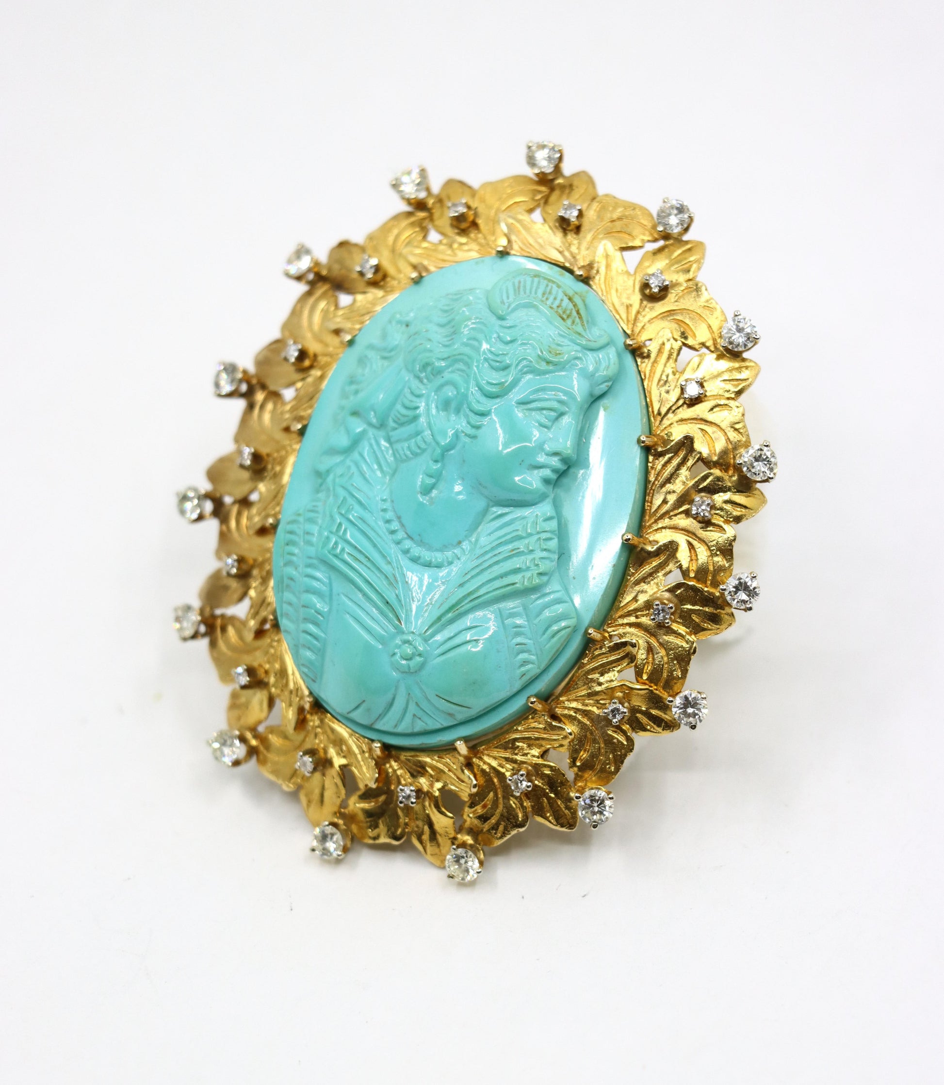 Vintage 14K Gold Diamond Turquoise Cameo Large Brooch