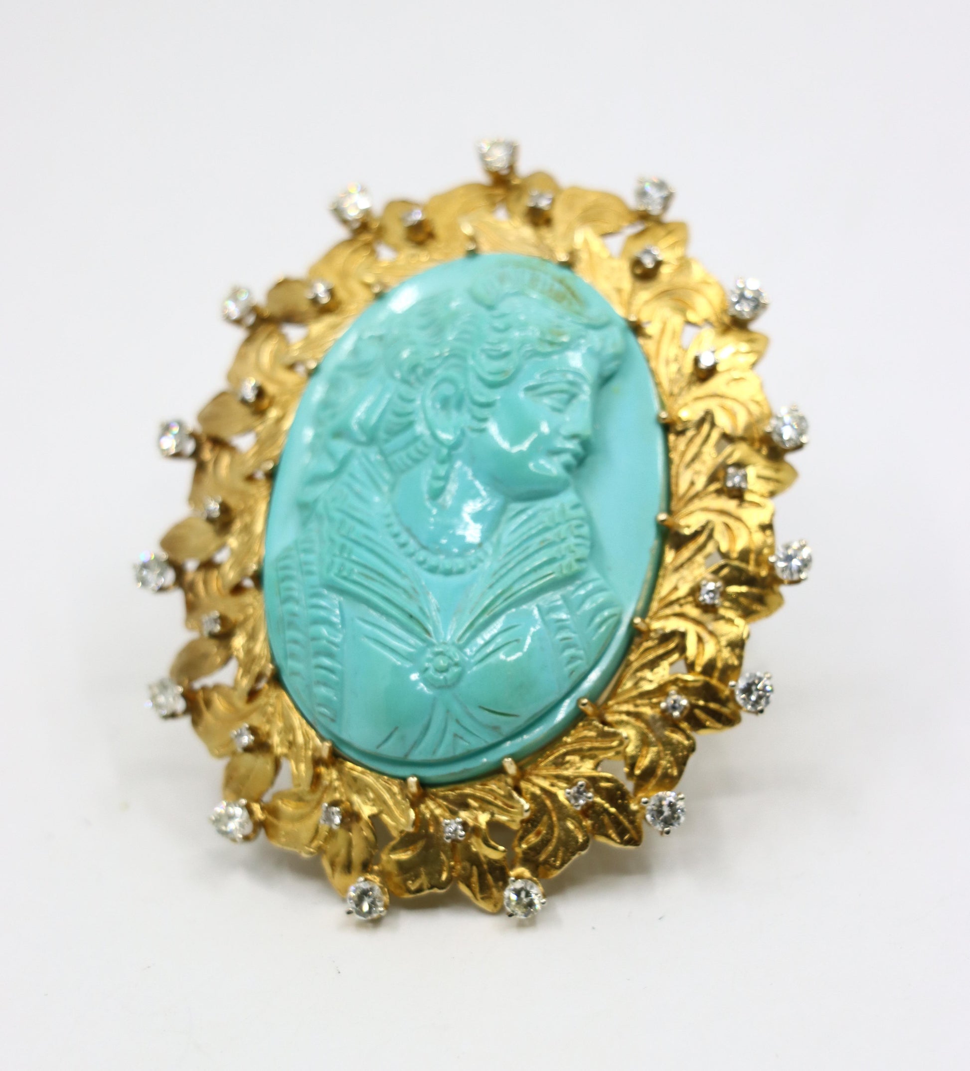 Vintage 14K Gold Diamond Turquoise Cameo Large Brooch