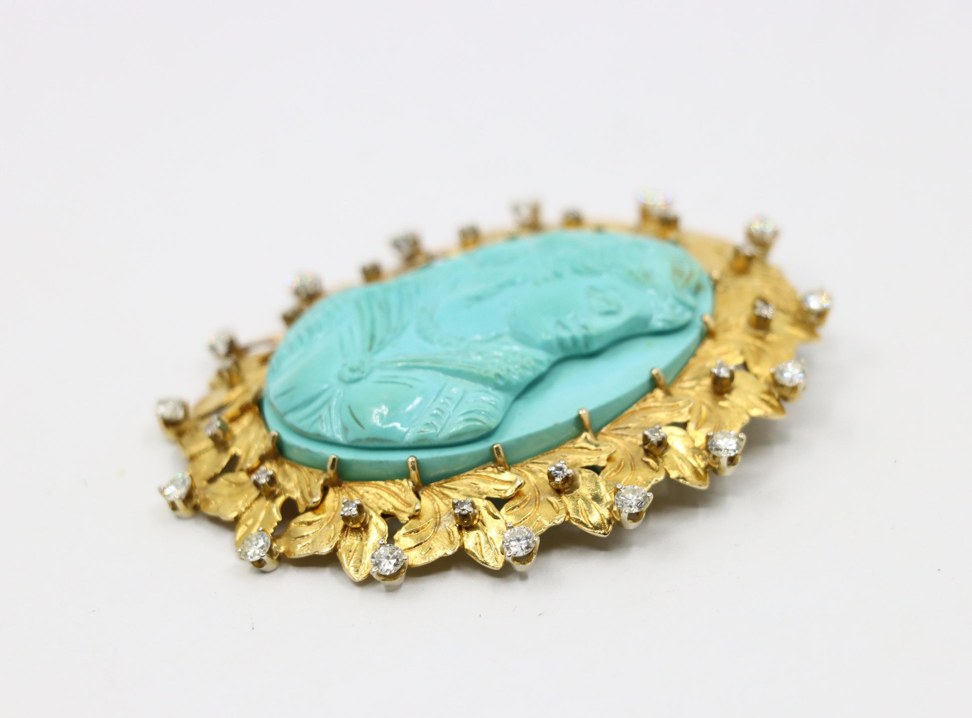 Vintage 14K Gold Diamond Turquoise Cameo Large Brooch