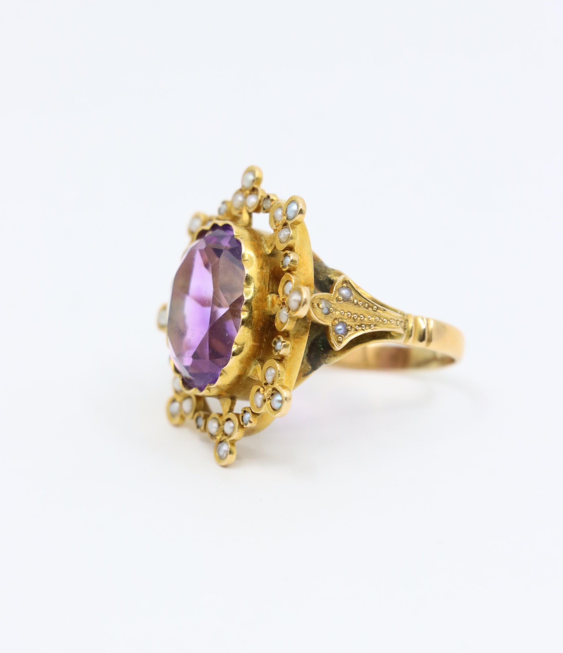 Antique 18K Gold Amethyst Pearl Ring