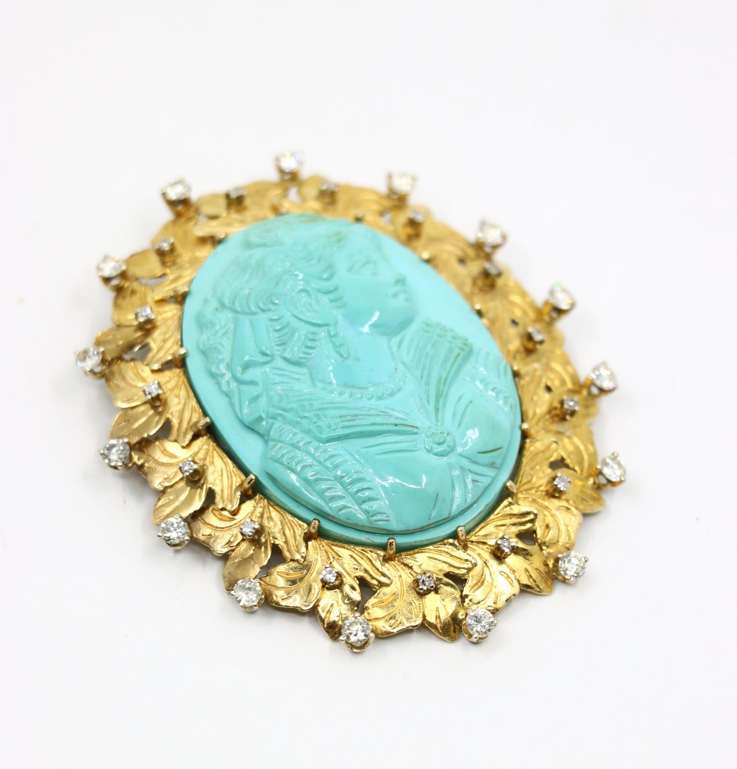 Vintage 14K Gold Diamond Turquoise Cameo Large Brooch