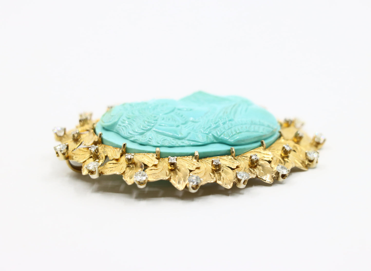 Vintage 14K Gold Diamond Turquoise Cameo Large Brooch