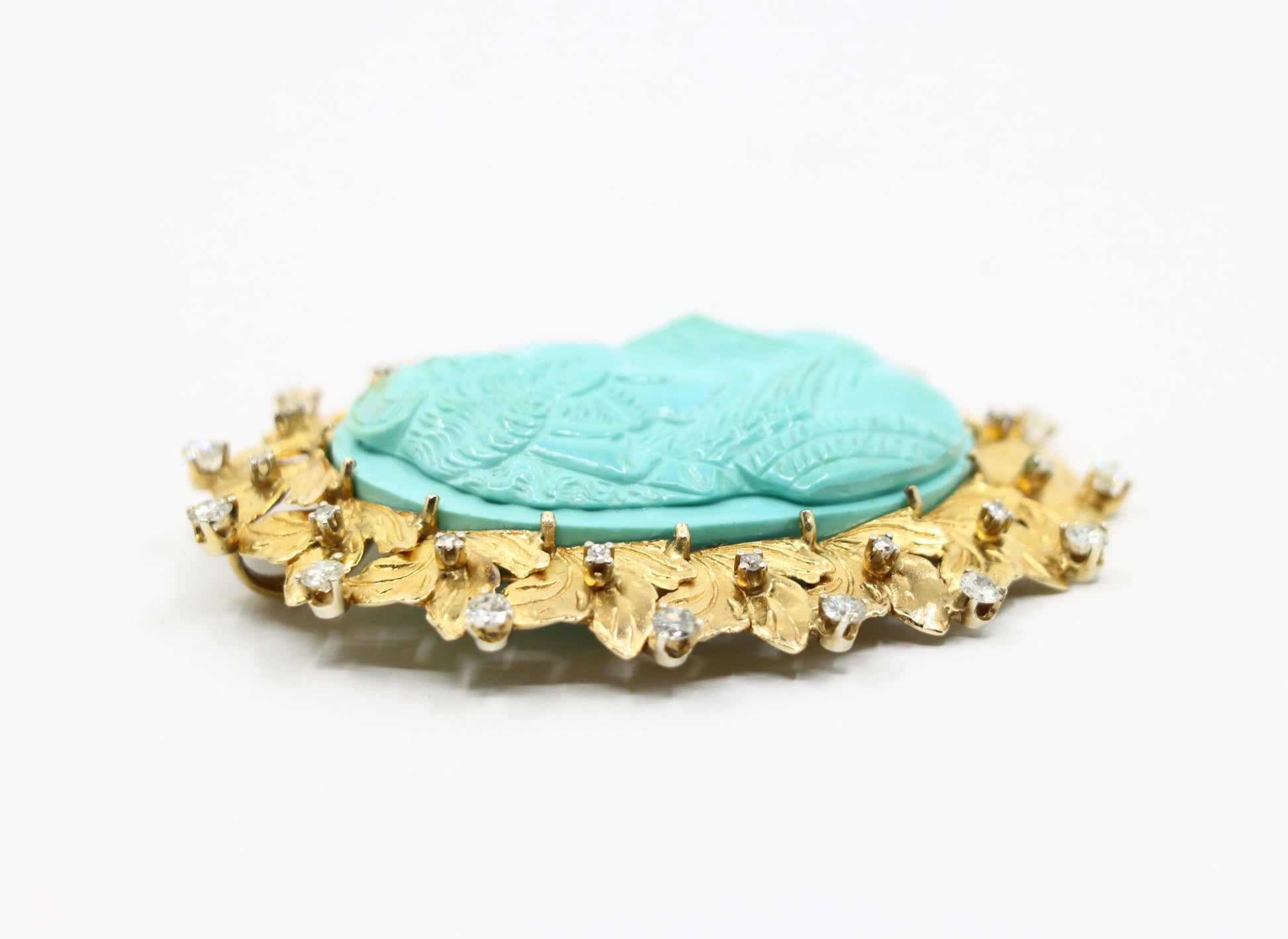 Vintage 14K Gold Diamond Turquoise Cameo Large Brooch
